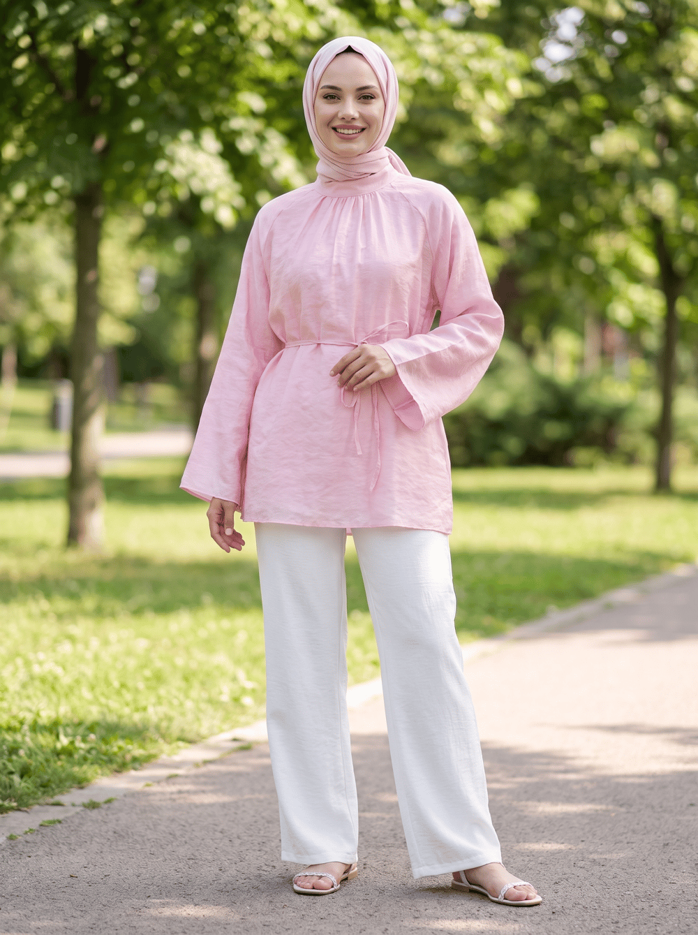 Reglan Kol Yakası Büzgülü Tül Vual Tunik - Pembe