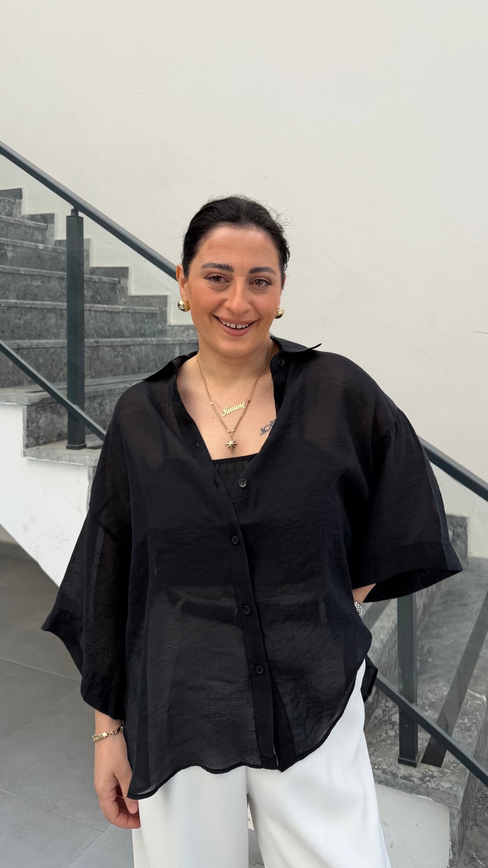 SİYAH İPEKSİ KISA KOL GÖMLEK