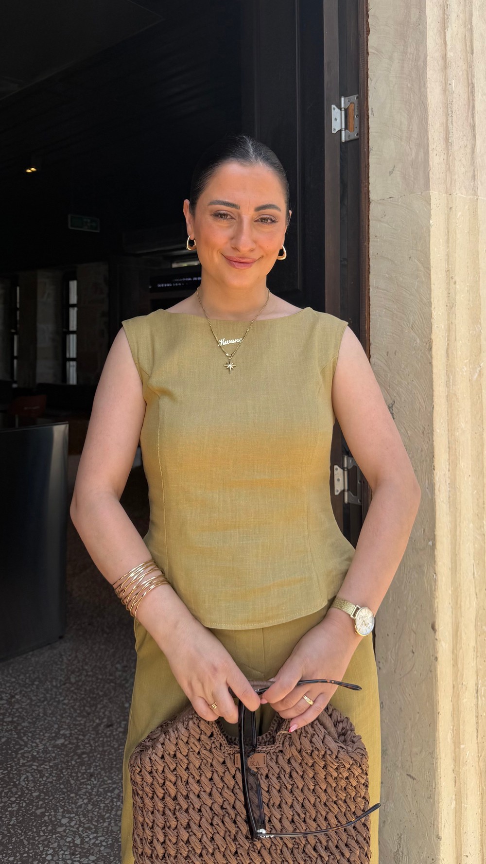 YAĞ YEŞİLİ HAM KETEN PANTOLON BLUZ TAKIM
