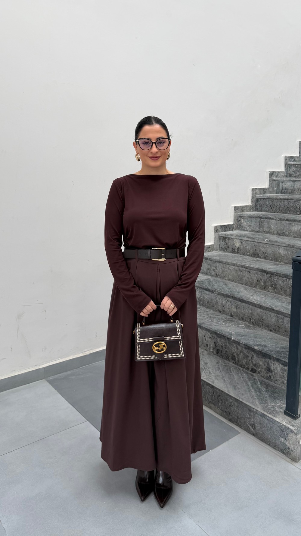 ARİA KEMERLİ PİLELİ ETEK-KAHVE