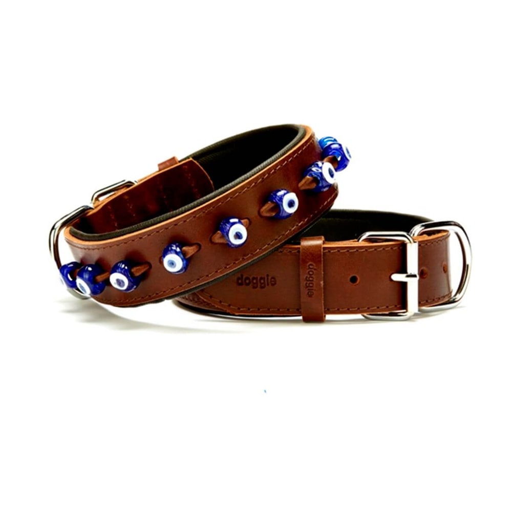 Doggie Comfort Nazar Boncuklu Deri Boyun Tasması 57 Cm Kahverengi