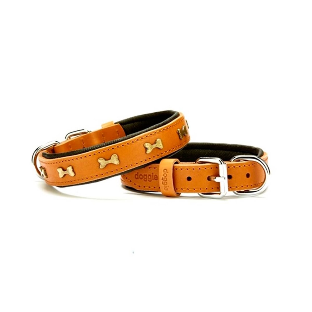Doggie Metal Kemikli Deri Boyun Tasması Medium Karamel