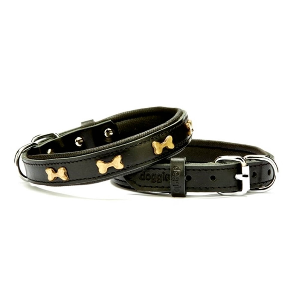 Doggie Metal Kemikli Deri Boyun Tasması Medium Siyah