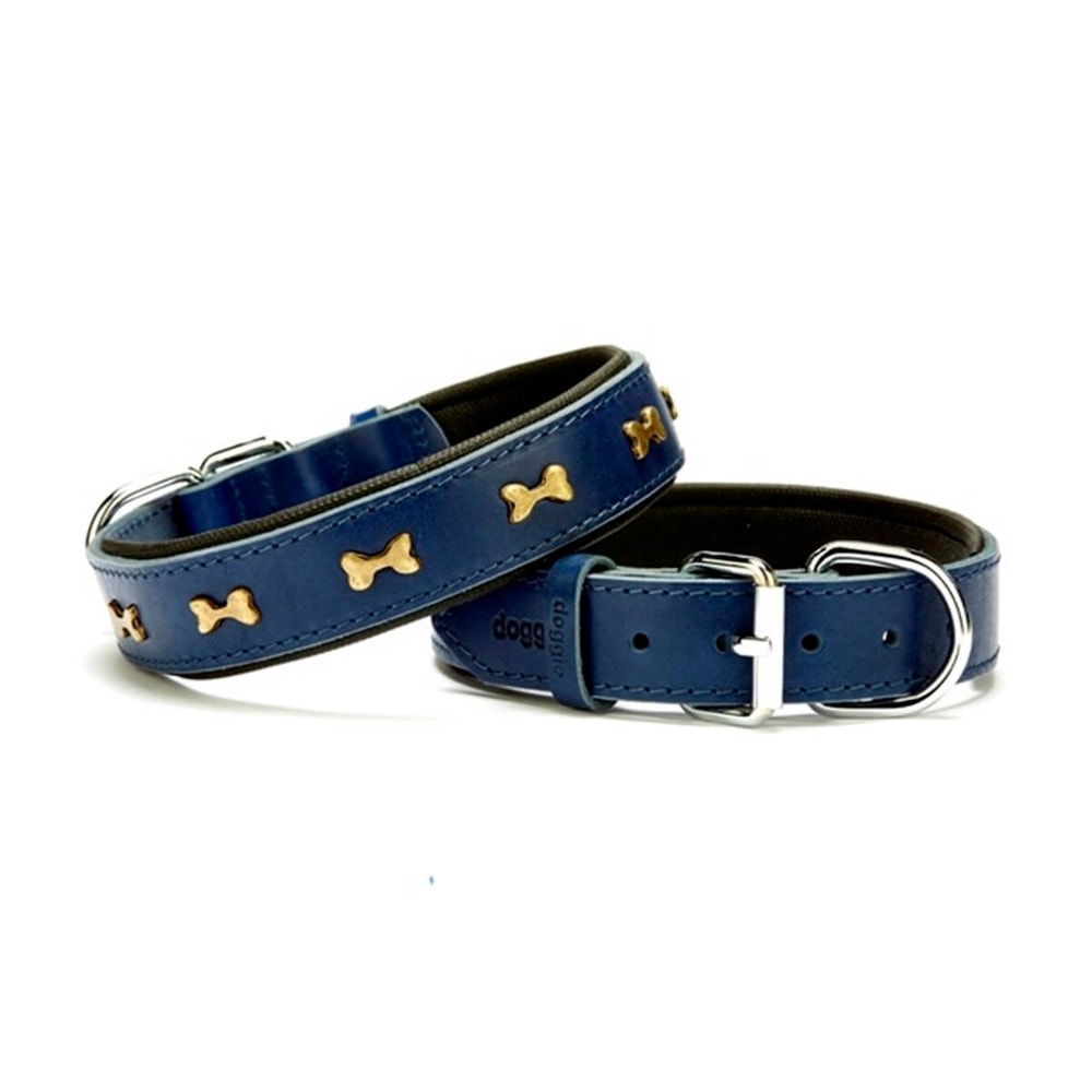 Doggie Metal Kemikli Deri Boyun Tasması Medium Mavi