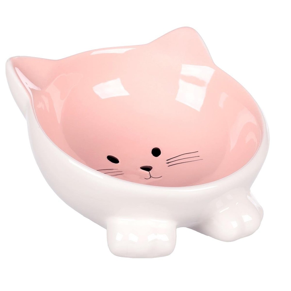 Flamingo Puzi Kedi Kulaklı Desenli Seramik Mama Ve Su Kabı  Pembe-125Ml, Seramik Mama ve Su Kabı, Flamingo