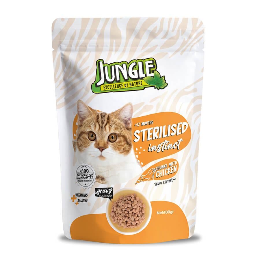 Jungle Pouch Kısır Kedi Tavuklu Tavuklu Soslu Yaş Mama, Yetişkin Kedi Yaş Mama, Jungle