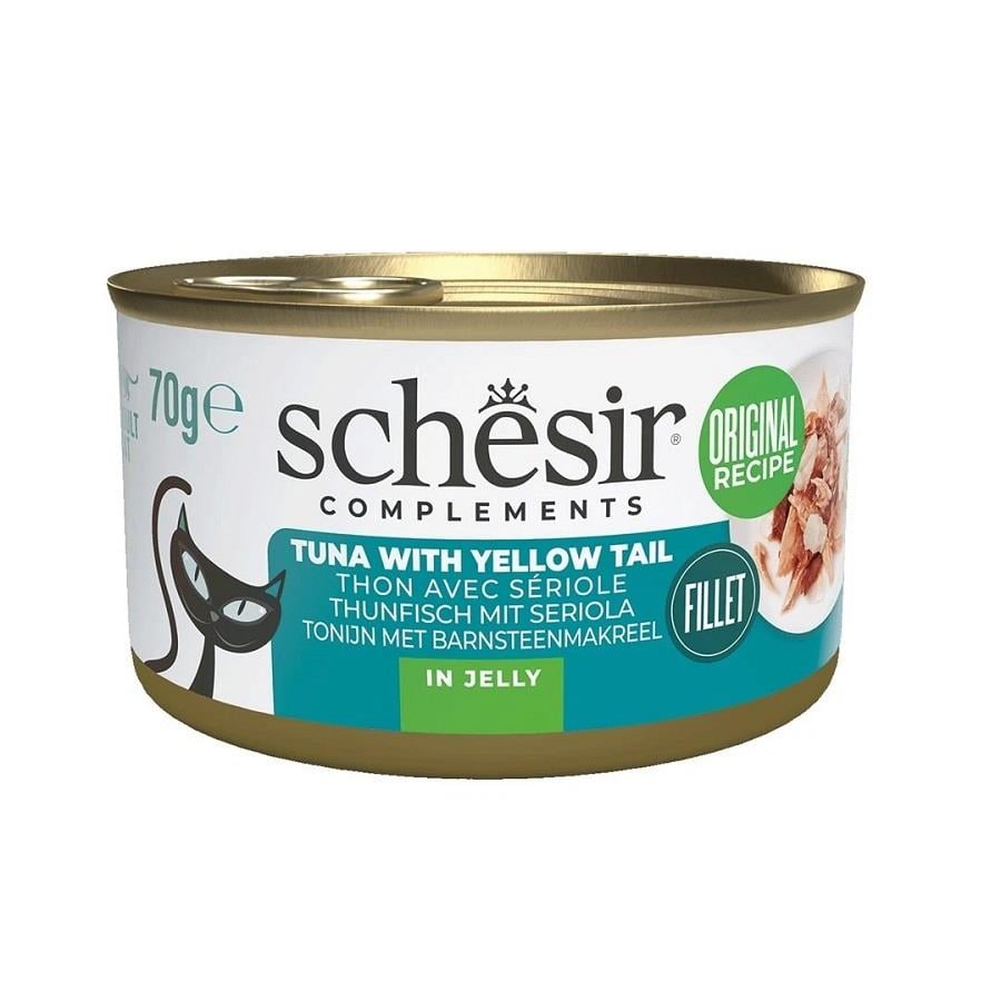 Schesir Ton ve Sarı Kuyruk Balıklı Jöle İçinde Kedi Konservesi 70g, Yetişkin Kedi Yaş Mama, Schesir