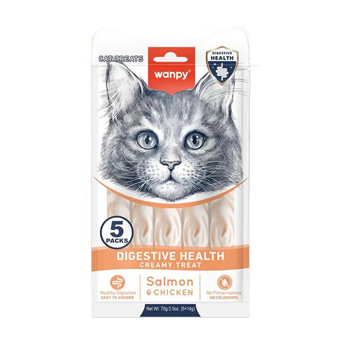 Wanpy Digestive Health Somon Balığı&Tavuklu Kedi Ödülü 5x14gr, Kedi Ödül Maması, Wanpy