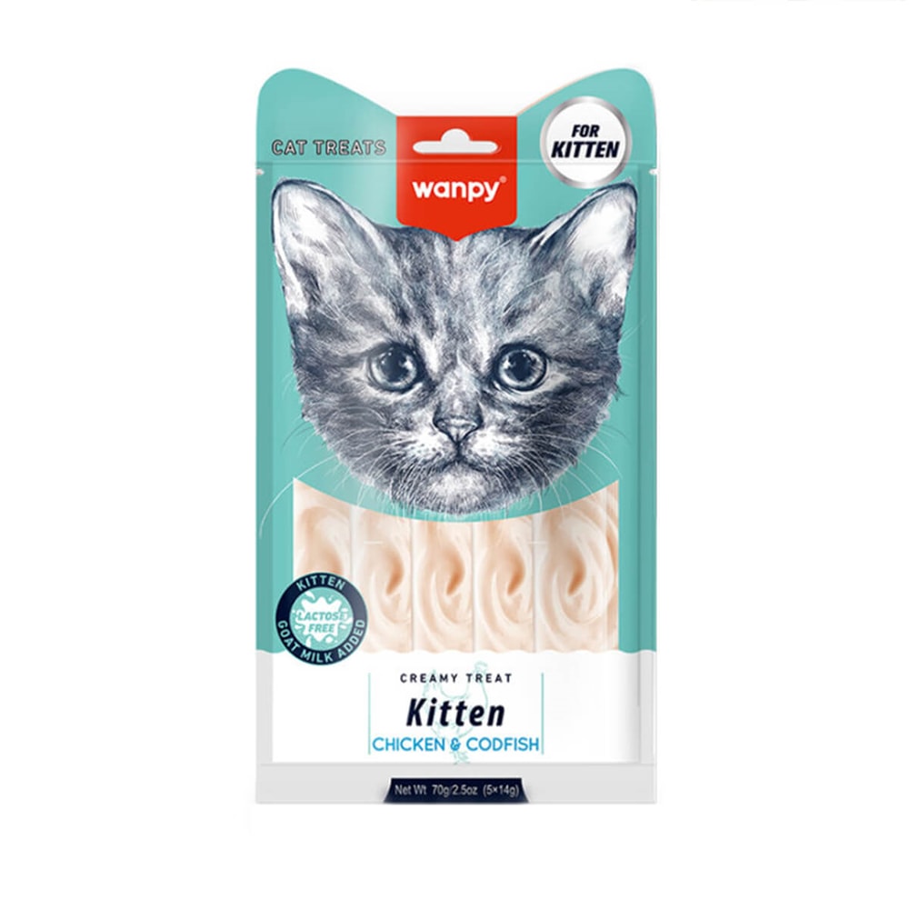 Wanpy Tavuklu & Morinalı – Yavru Kedi Krema Ödülü 5×14 g, Kedi Ödül Maması, Wanpy