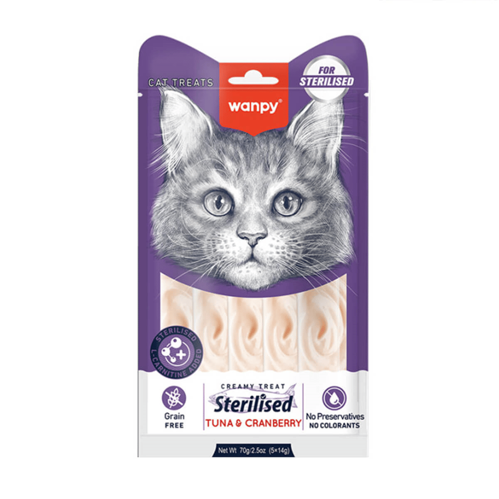 Wanpy Ton Balıklı & Kızılcıklı – Kısırlaştırılmış Kedi Krema Ödülü 5×14 g, Kedi Ödül Maması, Wanpy