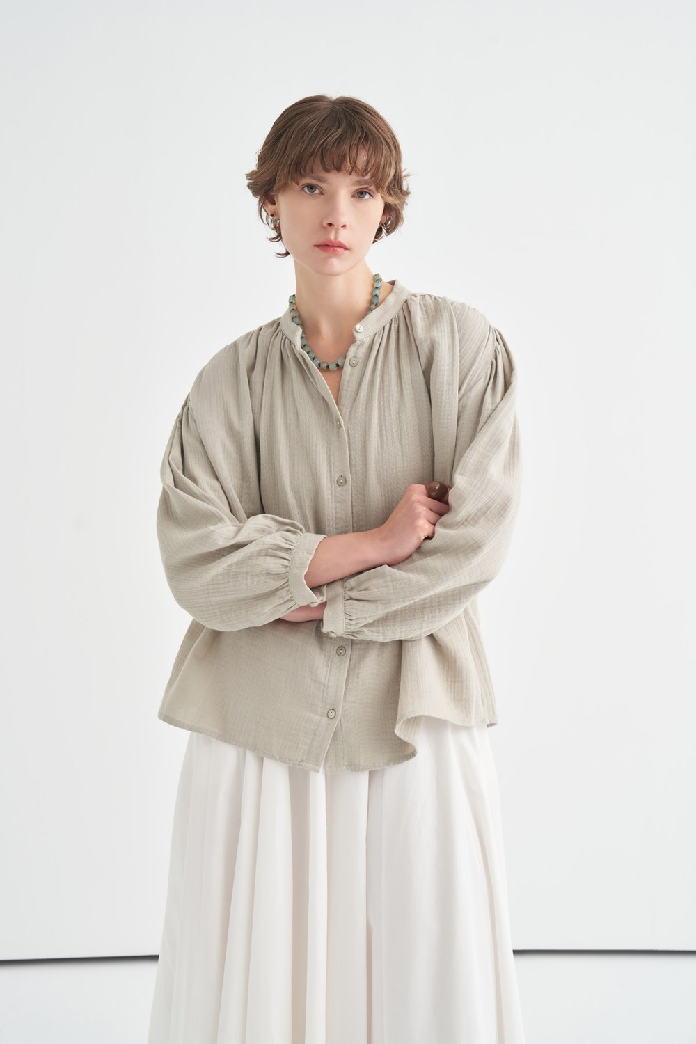 Mandarin Collar Gathered Muslin Shirt Soft Green
