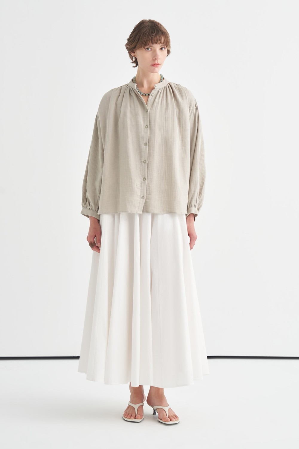 Mandarin Collar Gathered Muslin Shirt Soft Green