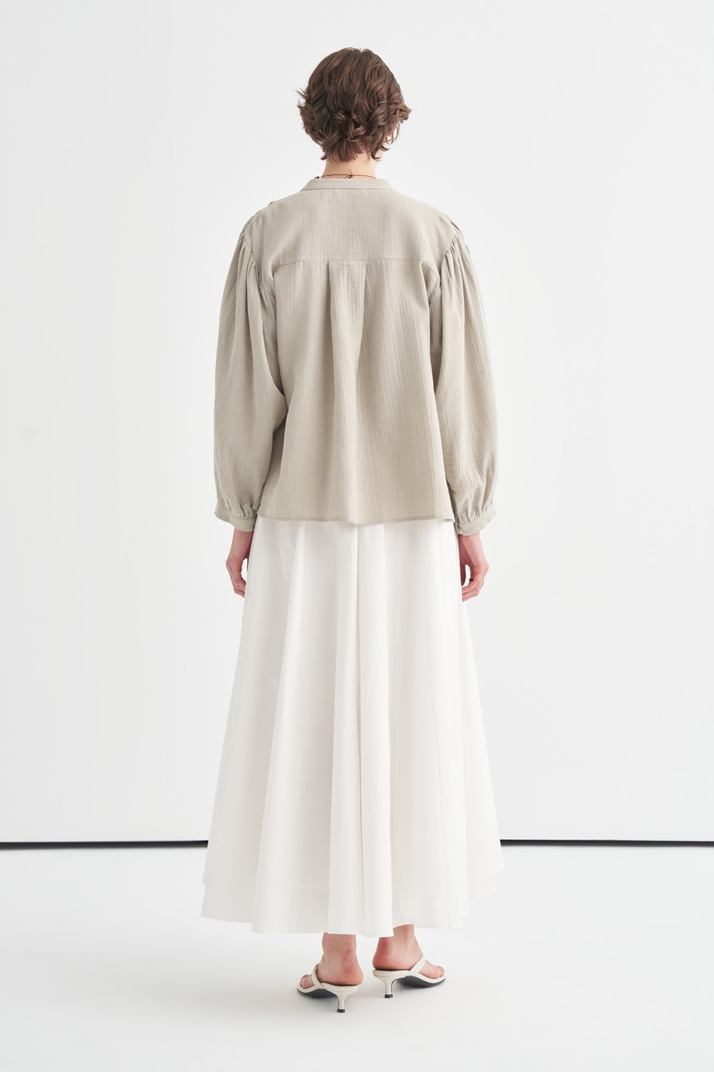 Mandarin Collar Gathered Muslin Shirt Soft Green