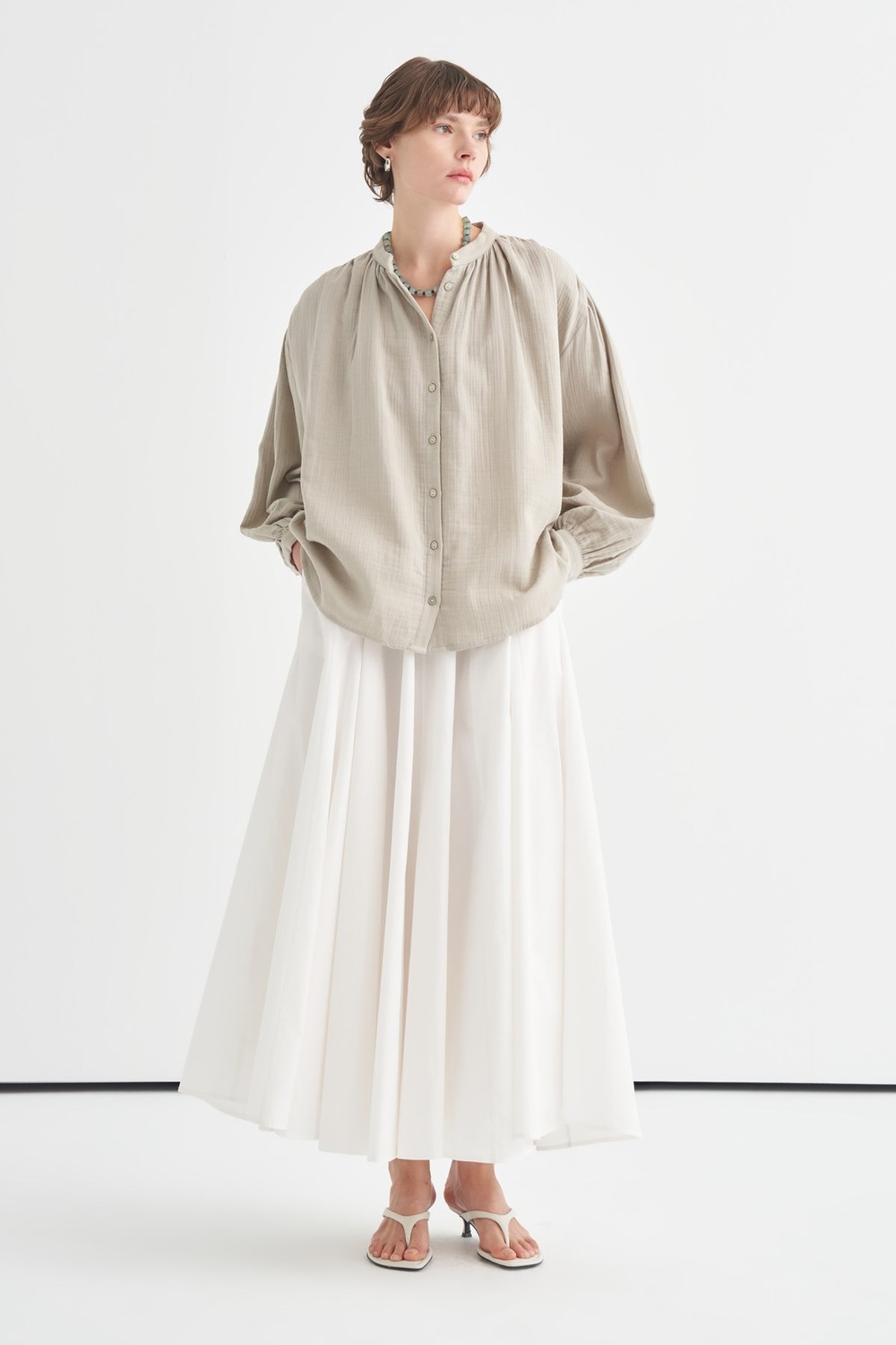 Mandarin Collar Gathered Muslin Shirt Soft Green