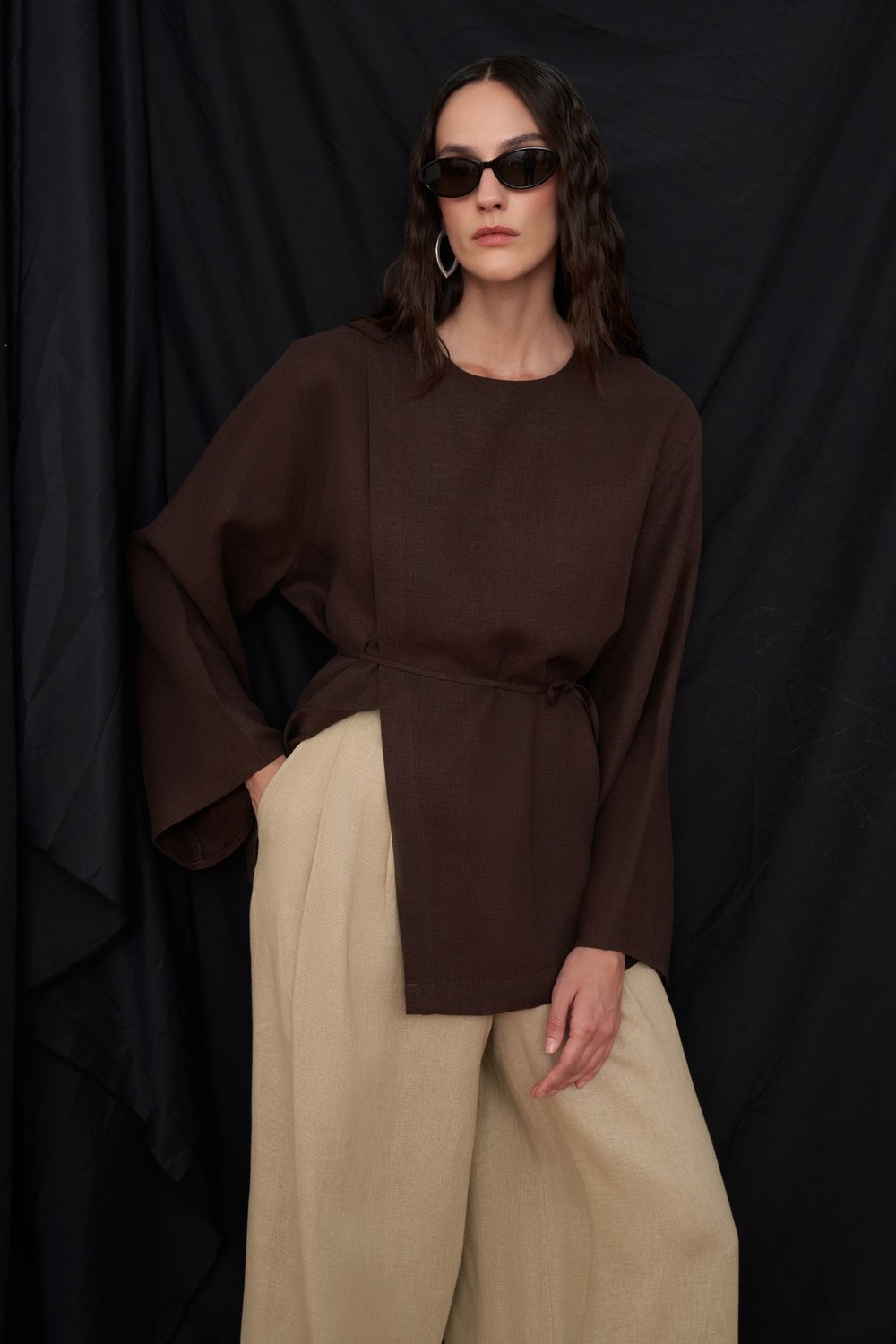 Azela Belted Linen Blouse Brown
