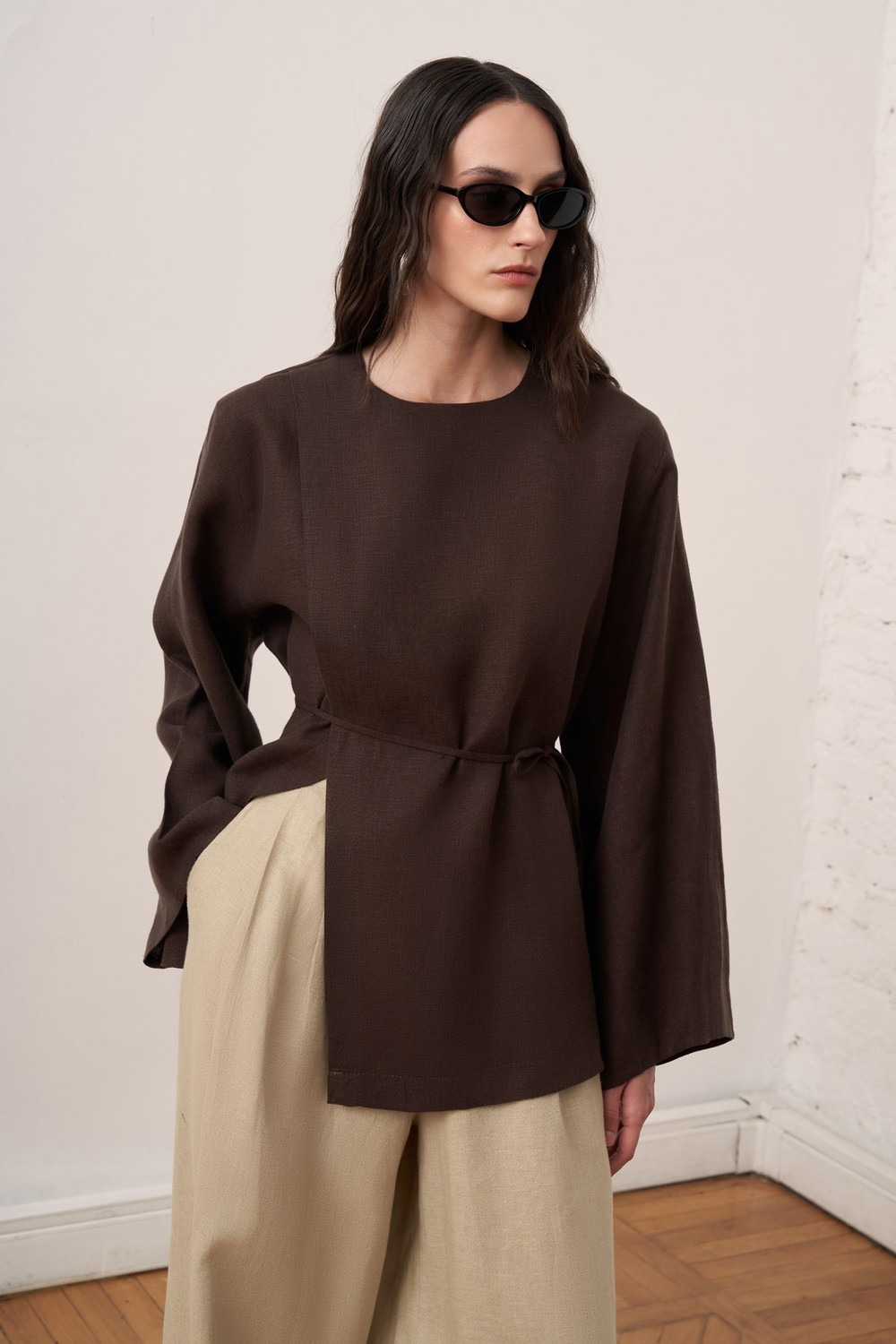Azela Belted Linen Blouse Brown