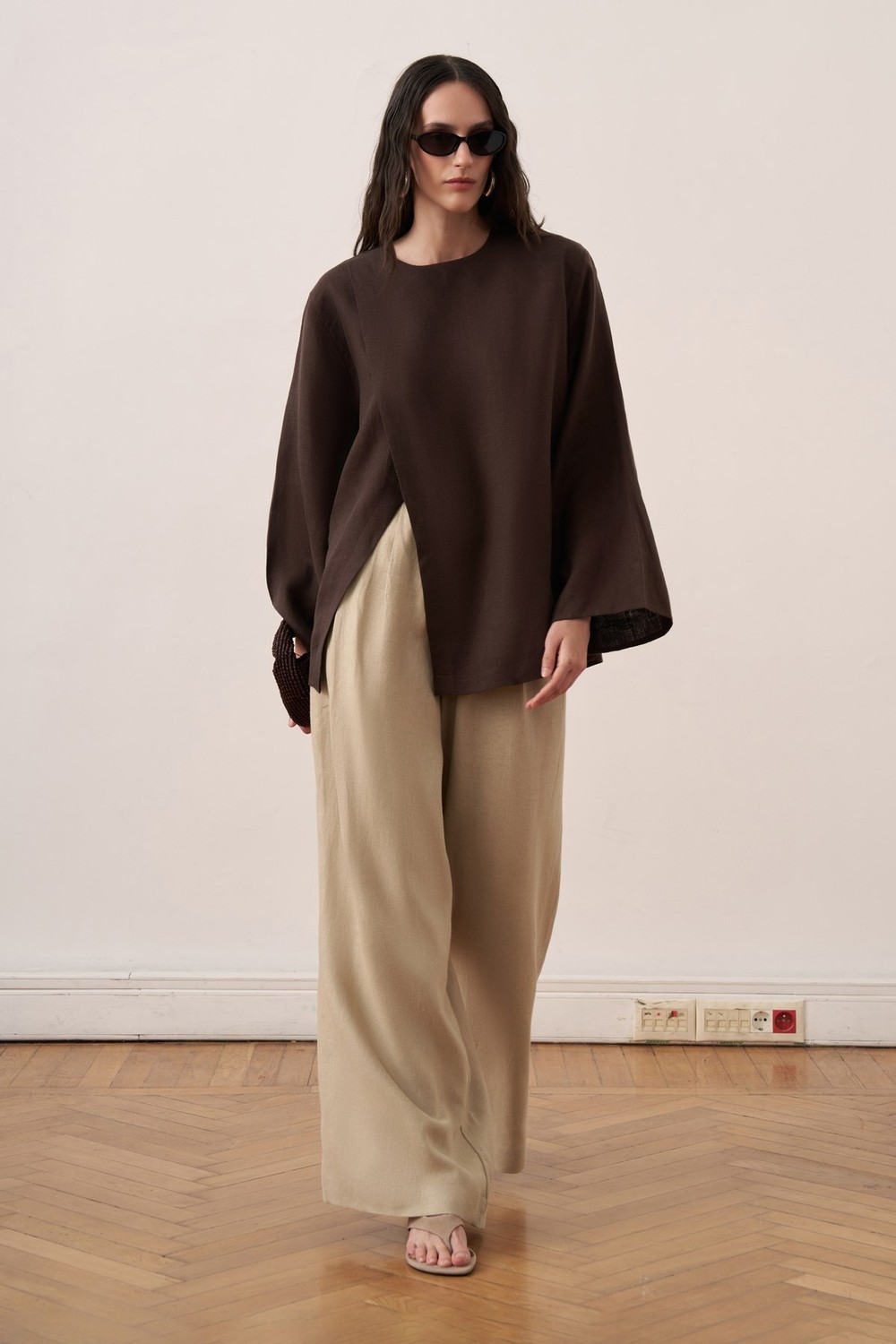 Azela Belted Linen Blouse Brown
