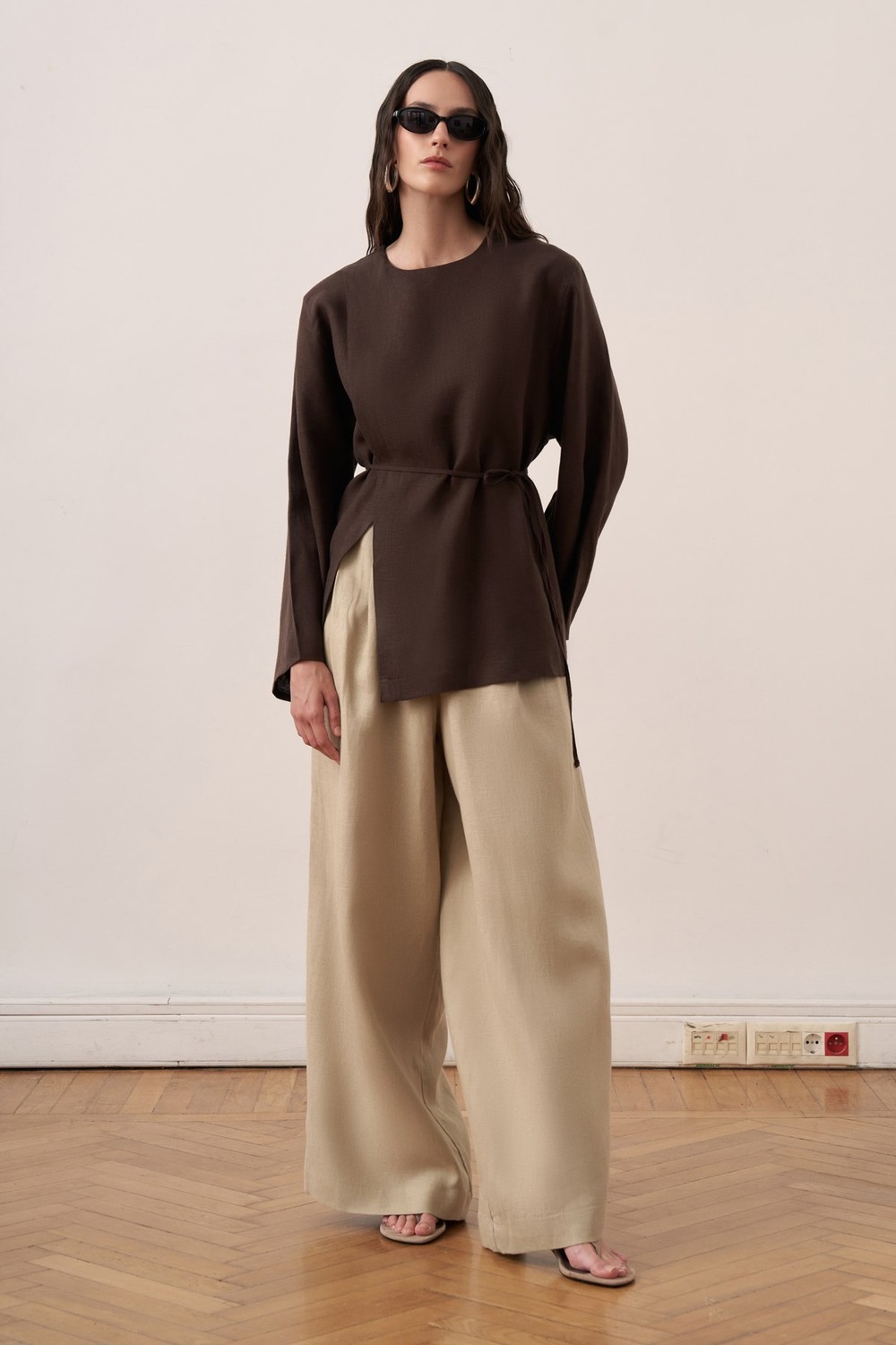 Azela Belted Linen Blouse Brown
