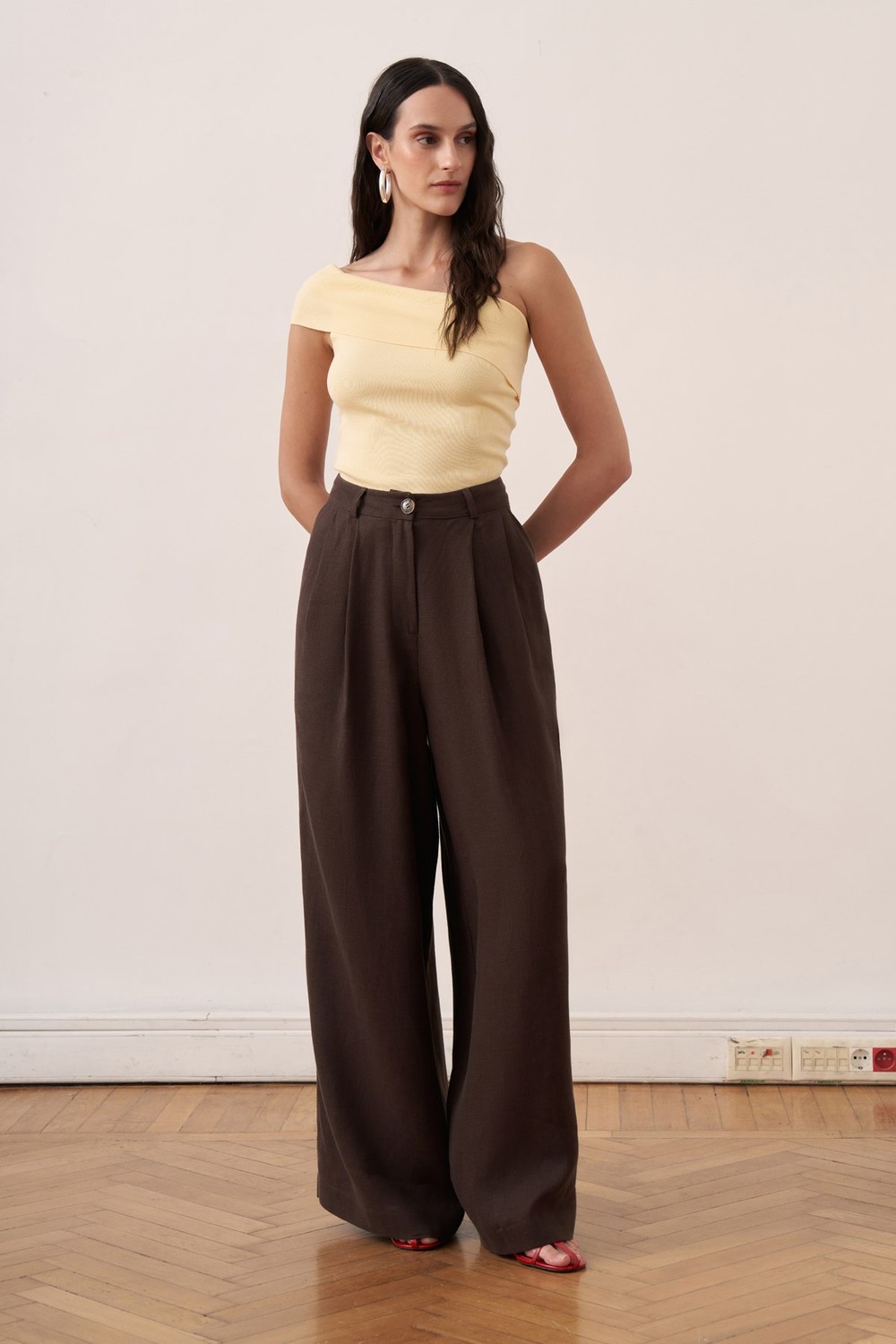 Camille Geniş Paça Keten Pantolon Kahve