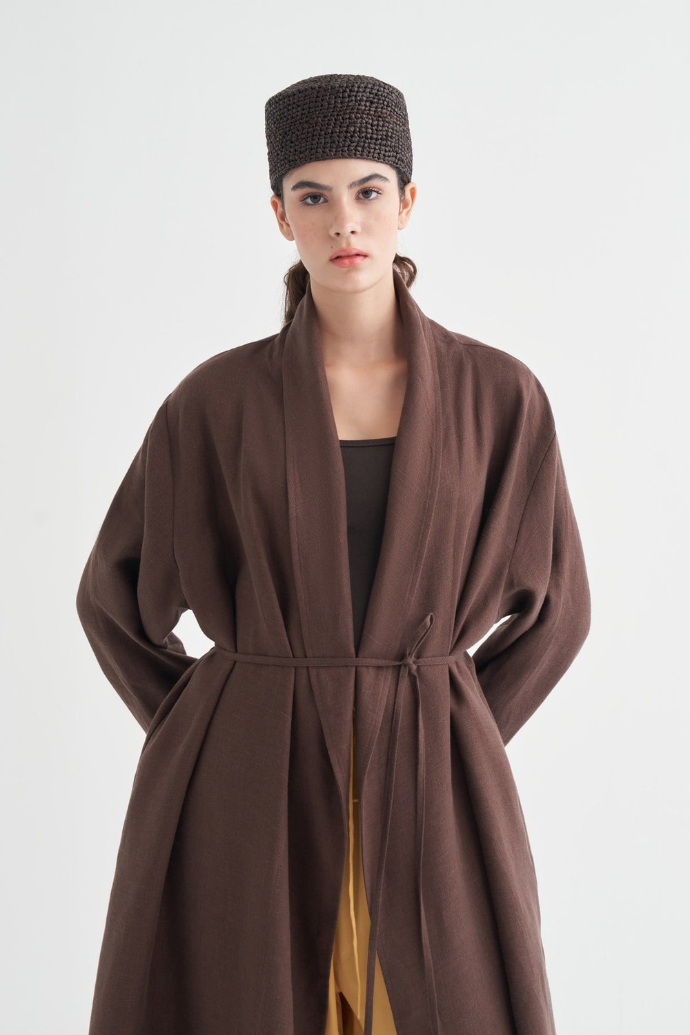 Celes Collar Detail Linen Kimono Dark Brown