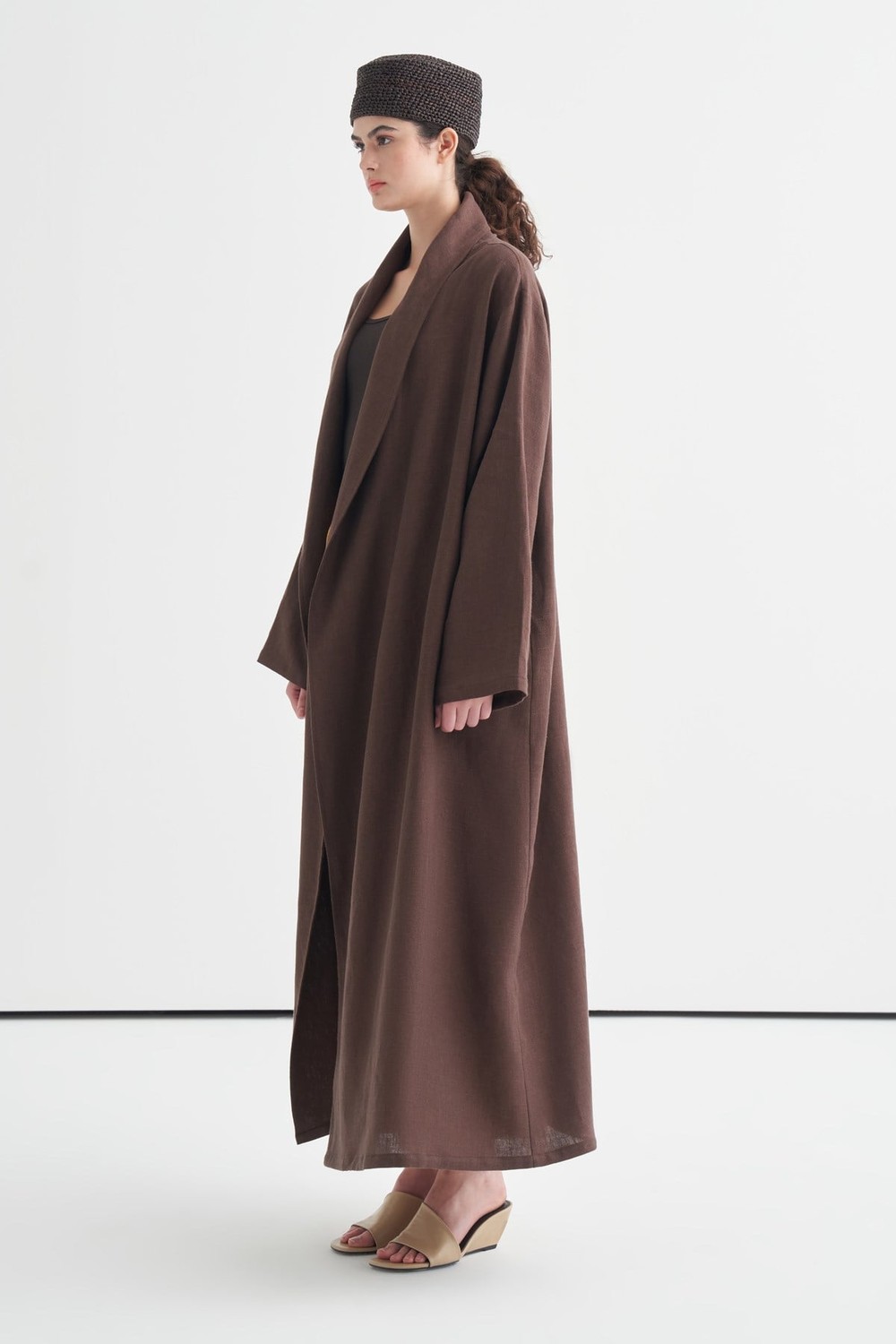 Celes Collar Detail Linen Kimono Dark Brown
