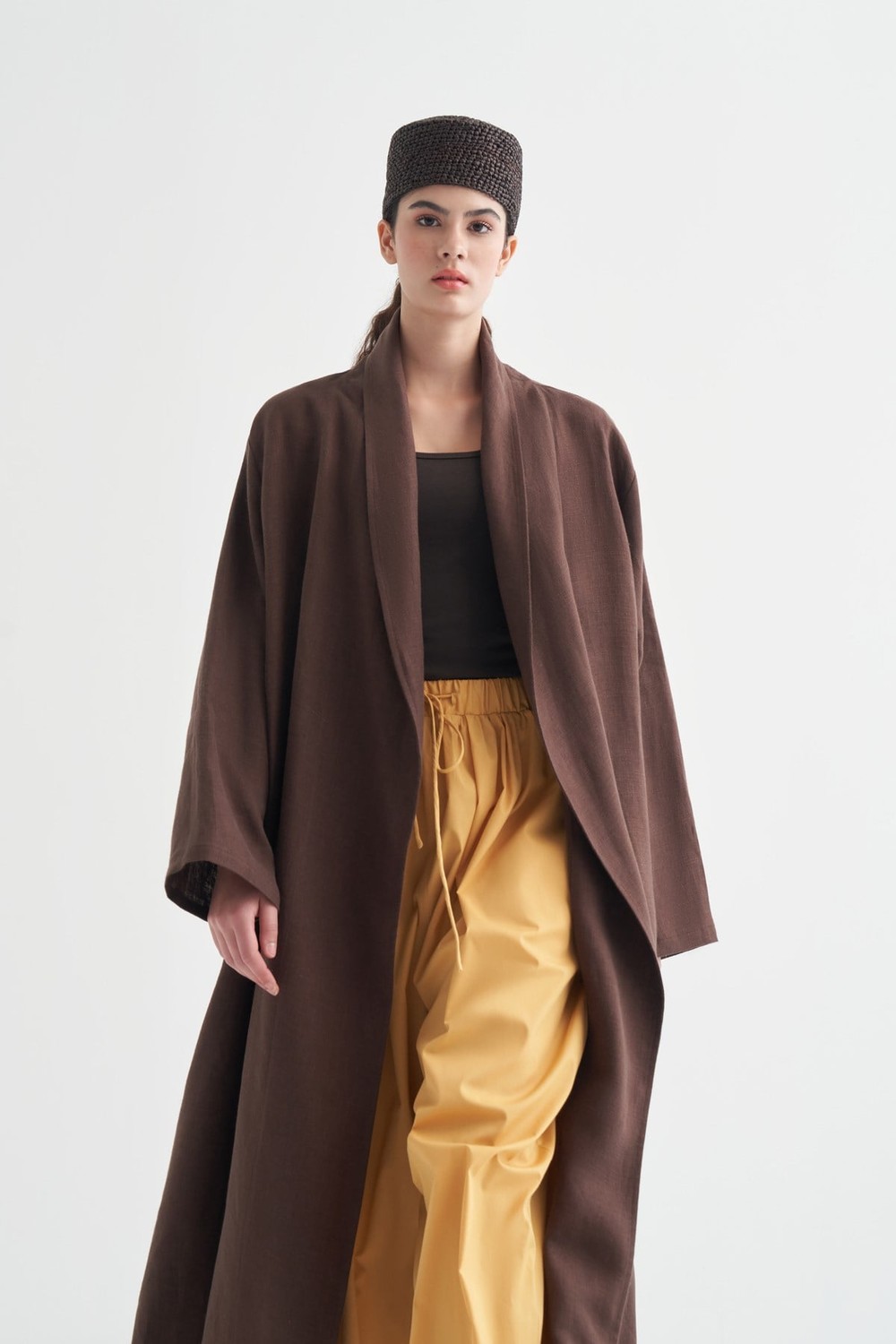 Celes Collar Detail Linen Kimono Dark Brown