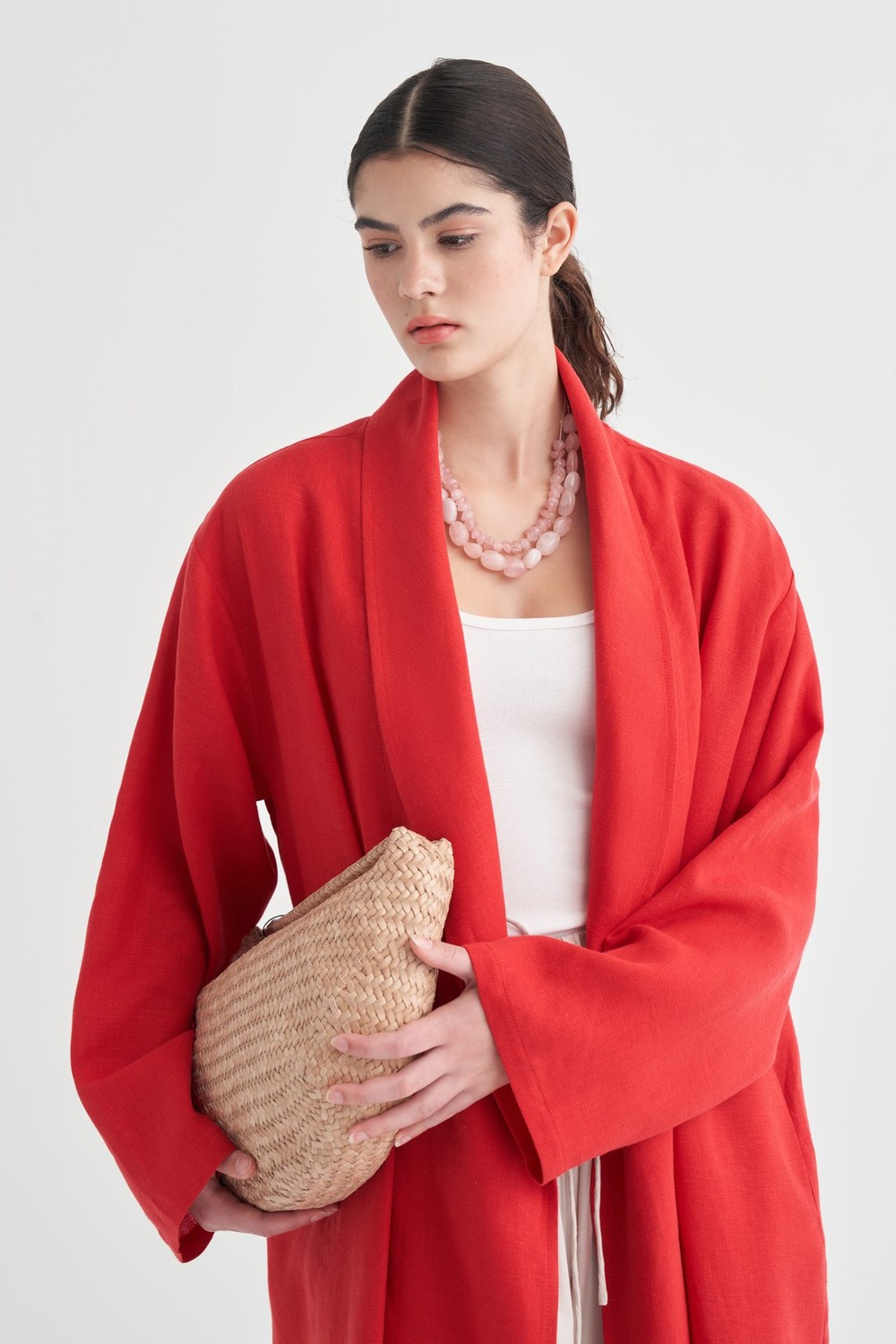 Celes Collar Detail Linen Kimono Red
