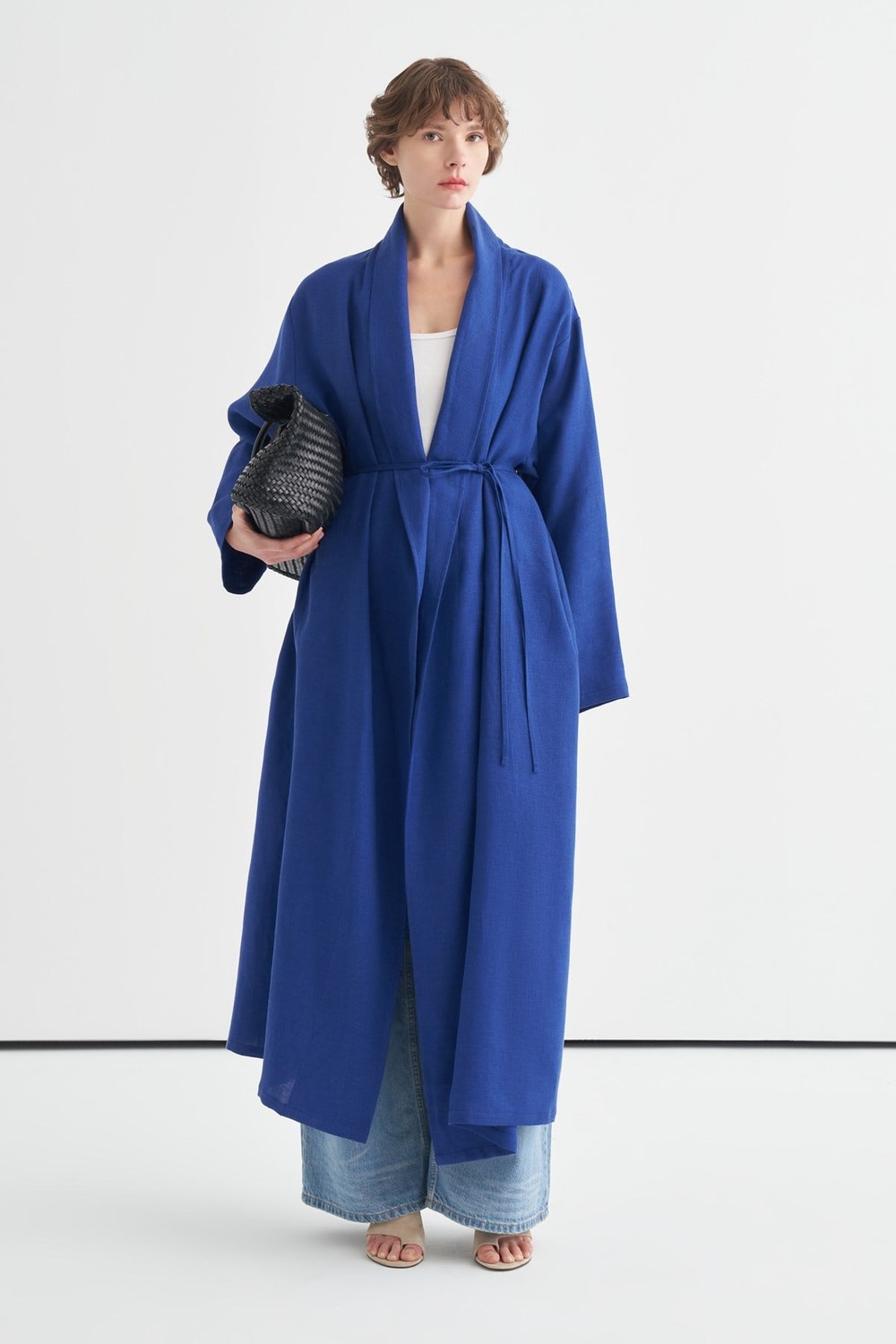 Celes Yaka Detaylı Keten Kimono Saks Mavisi