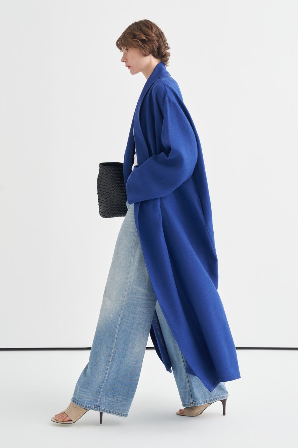 Celes Yaka Detaylı Keten Kimono Saks Mavisi