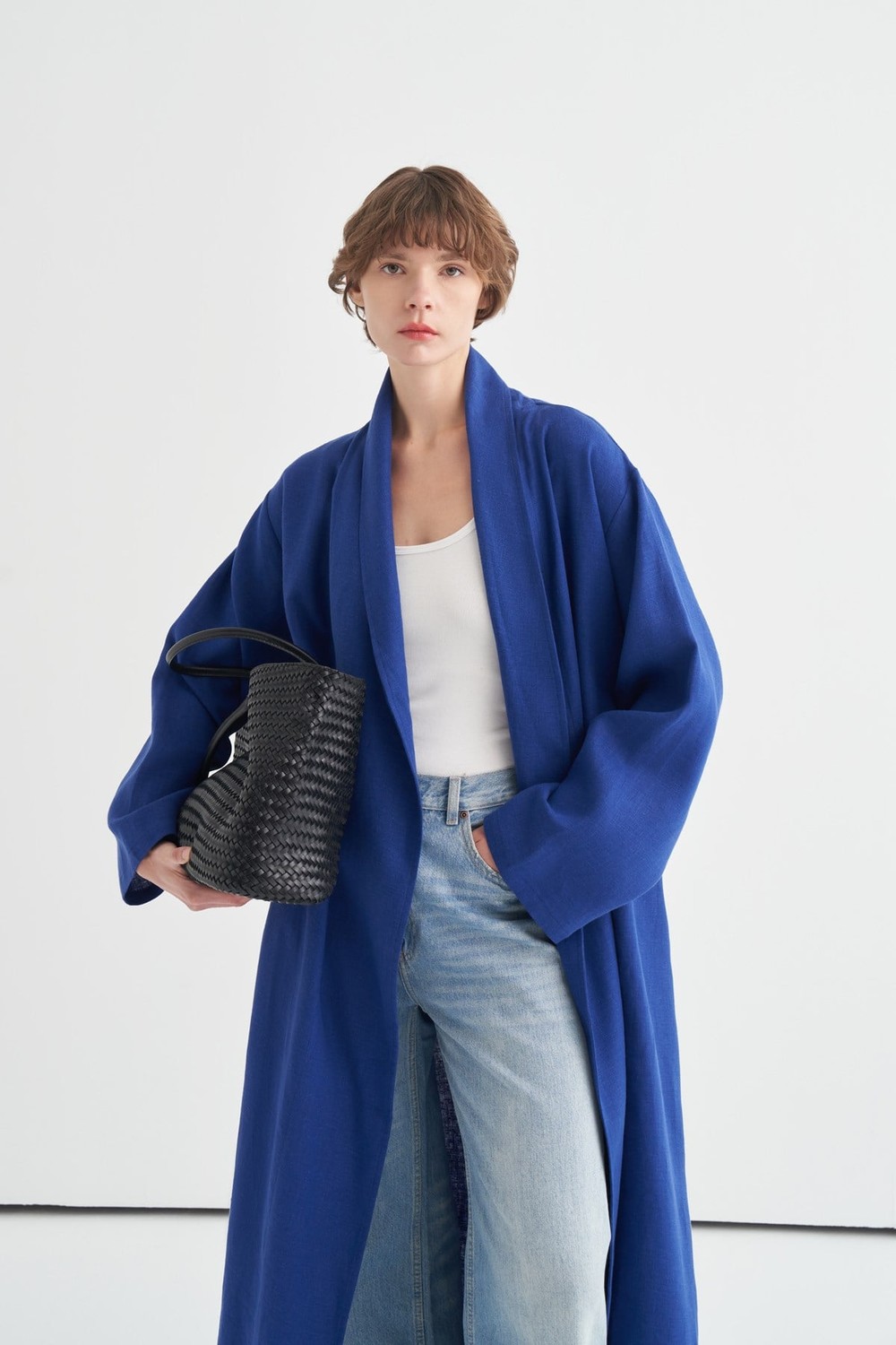 Celes Yaka Detaylı Keten Kimono Saks Mavisi