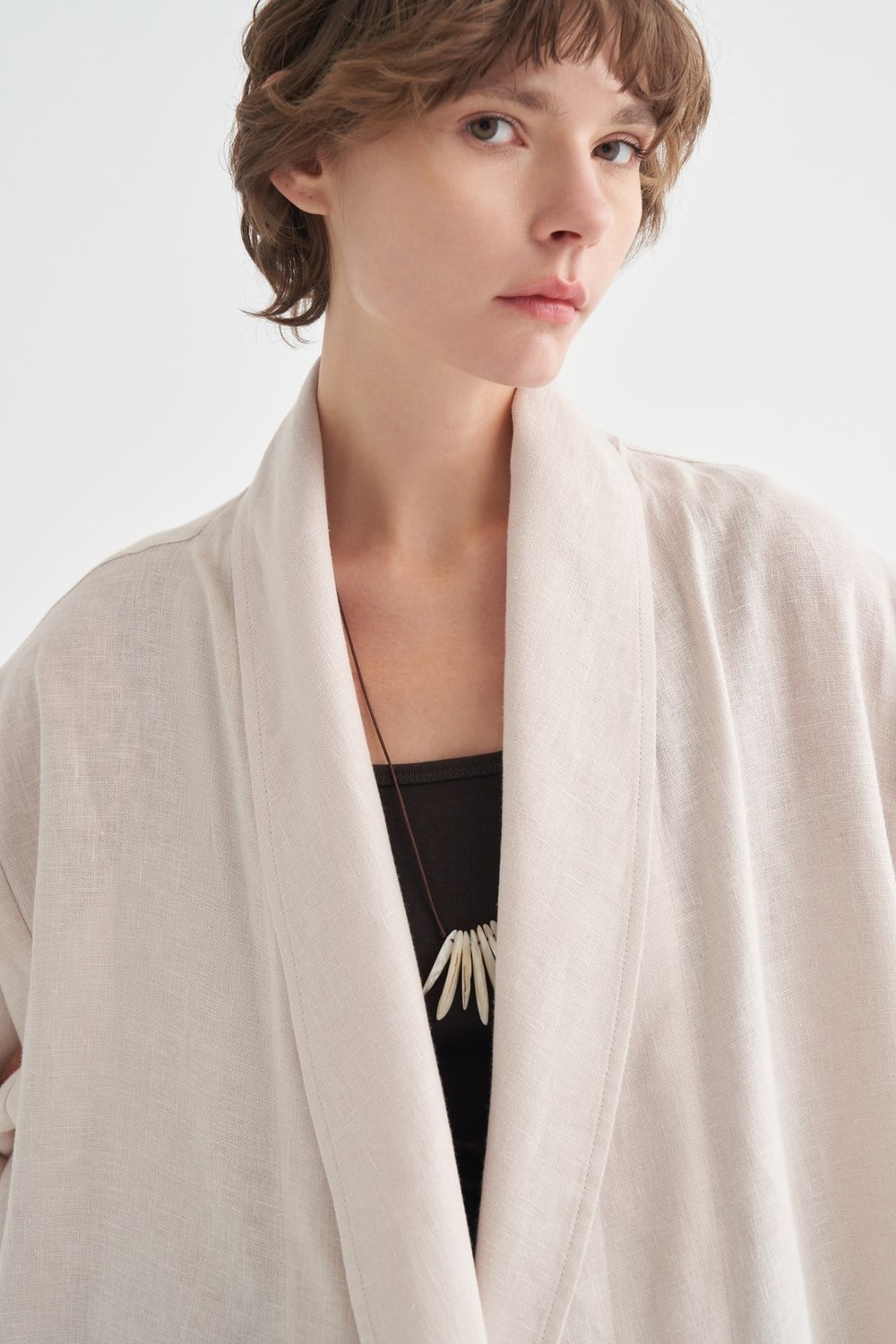 Celes Collar Detail Linen Kimono Stone Color