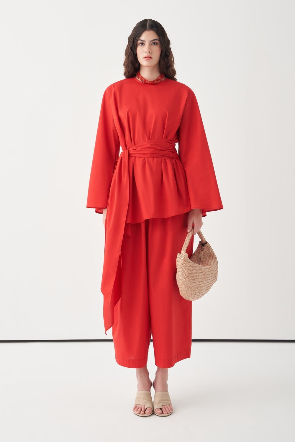 Fabia Belted Poplin Blouse Red