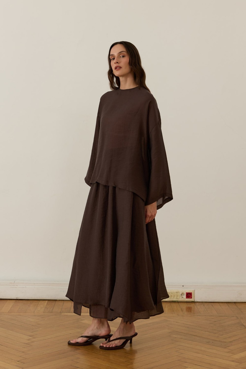 Giada Asymmetric Panel Skirt Set Brown