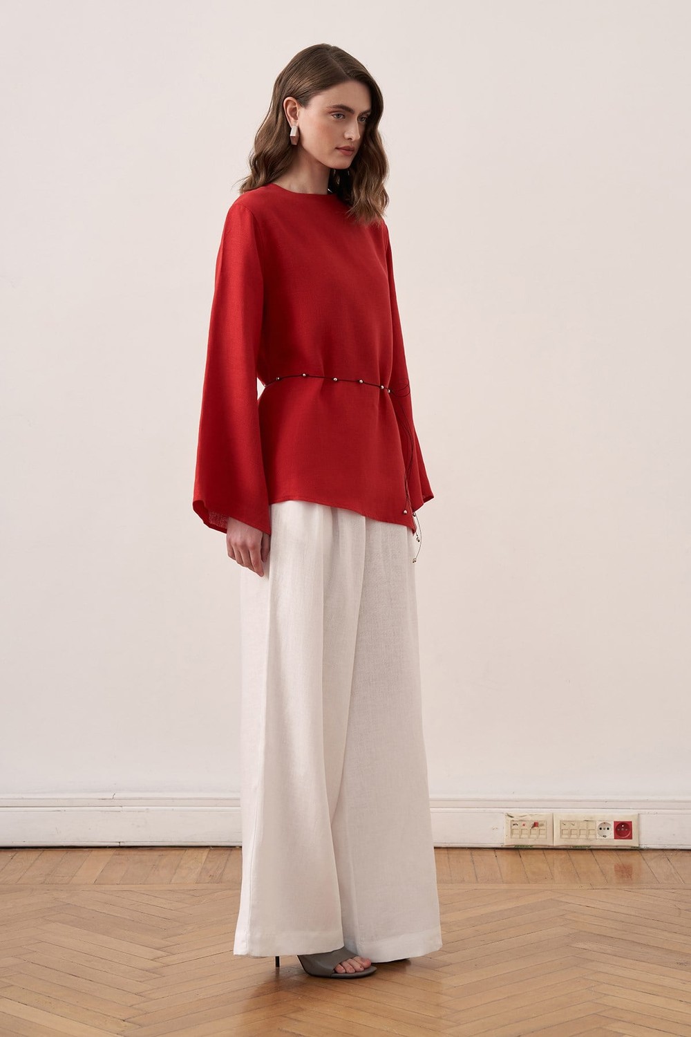 Keisy Belted Linen Blouse Red