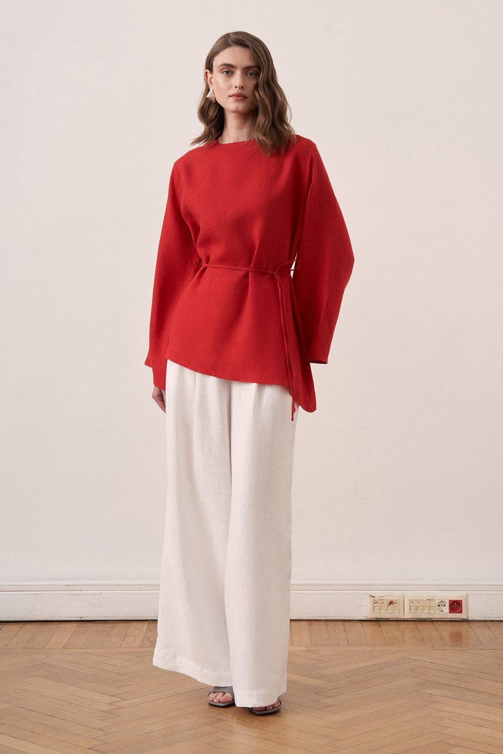 Keisy Belted Linen Blouse Red