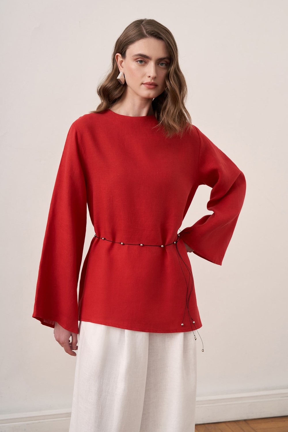 Keisy Belted Linen Blouse Red