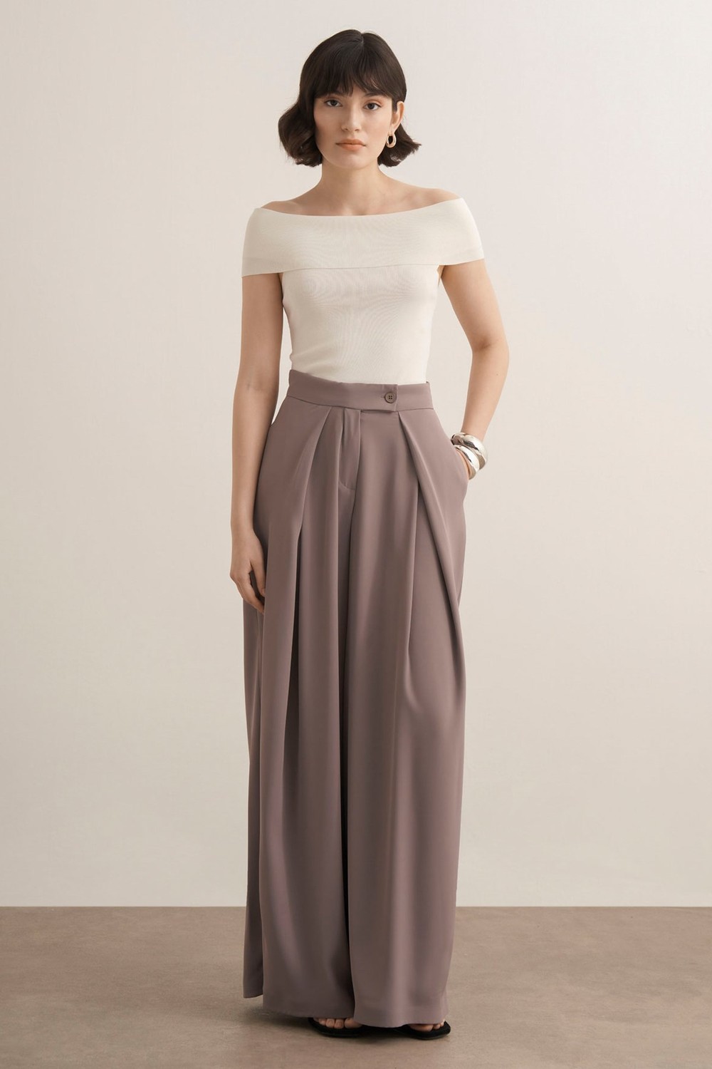 Leona Ruffled Wide-Leg Pants Dark Mink
