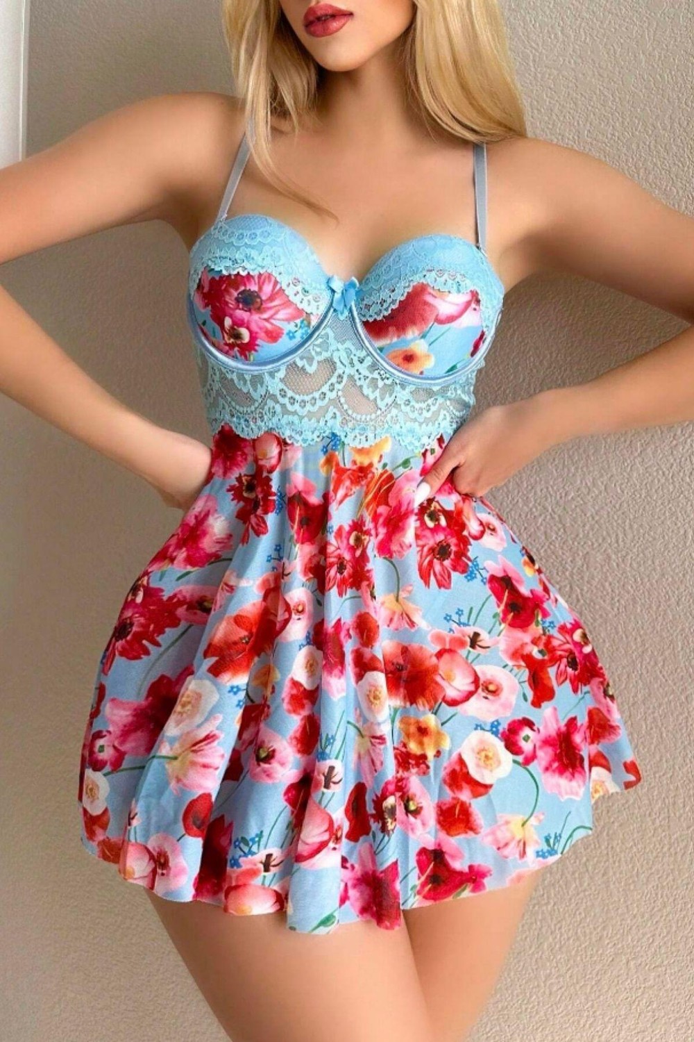 Bella Notte Mavi Rüya Gecesi Çiçekli Askılı Mini Gecelik 15628