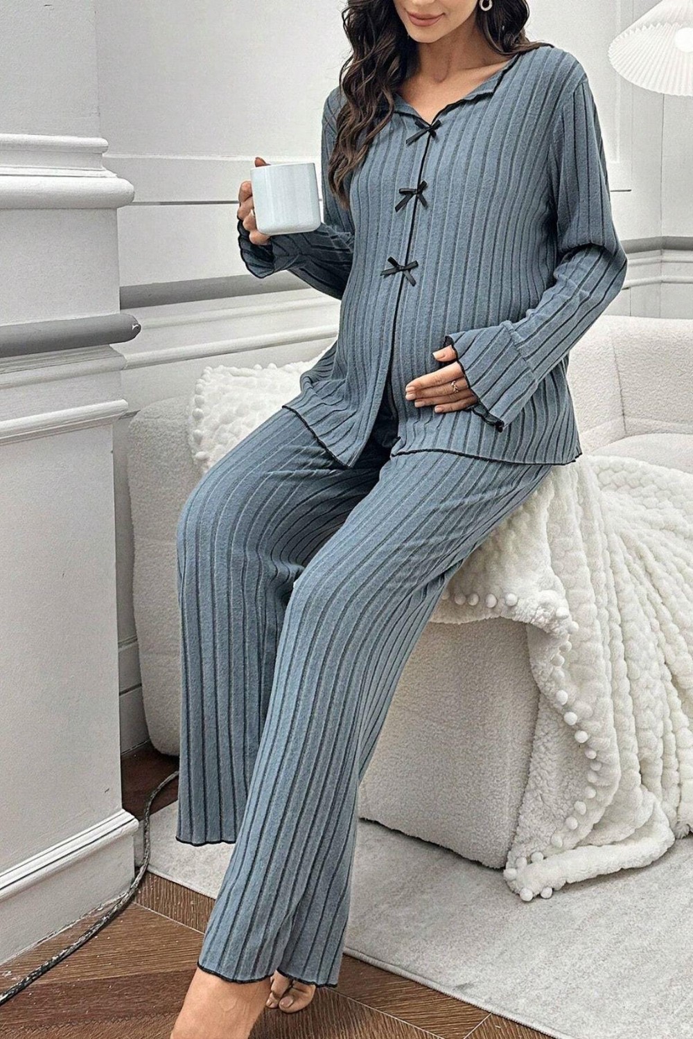 Bella Notte Mavi Yumuşak Kumaşlı Hamile Pijama Takım 7119