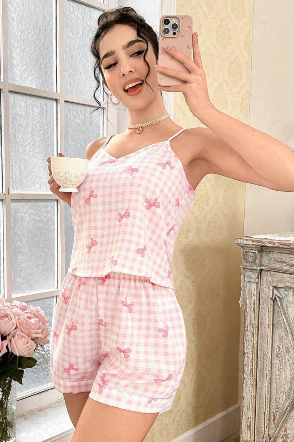Bella Notte Pembe Askılı Fiyonk Baskılı Şort Takım 7793
