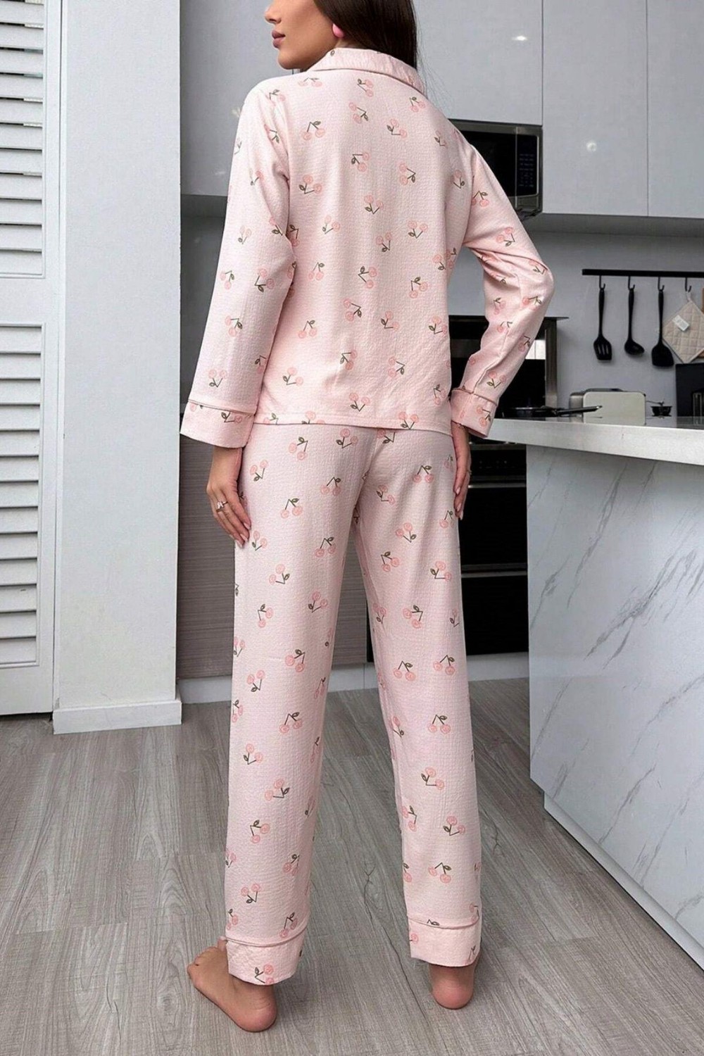 Bella Notte Toz Pembe Sonbahar Kirazları Soft Pijama Takımı 7039