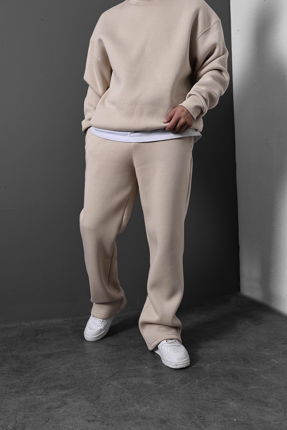 Erkek Bej Basic Baggy Kalıp Eşofman