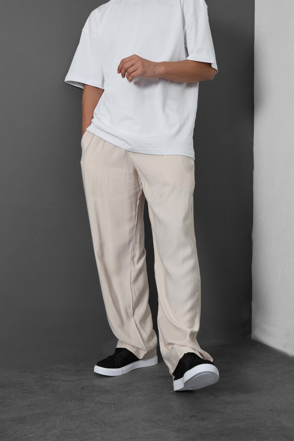 Erkek Bej İnce Kumaş Keten Baggy Pantolon