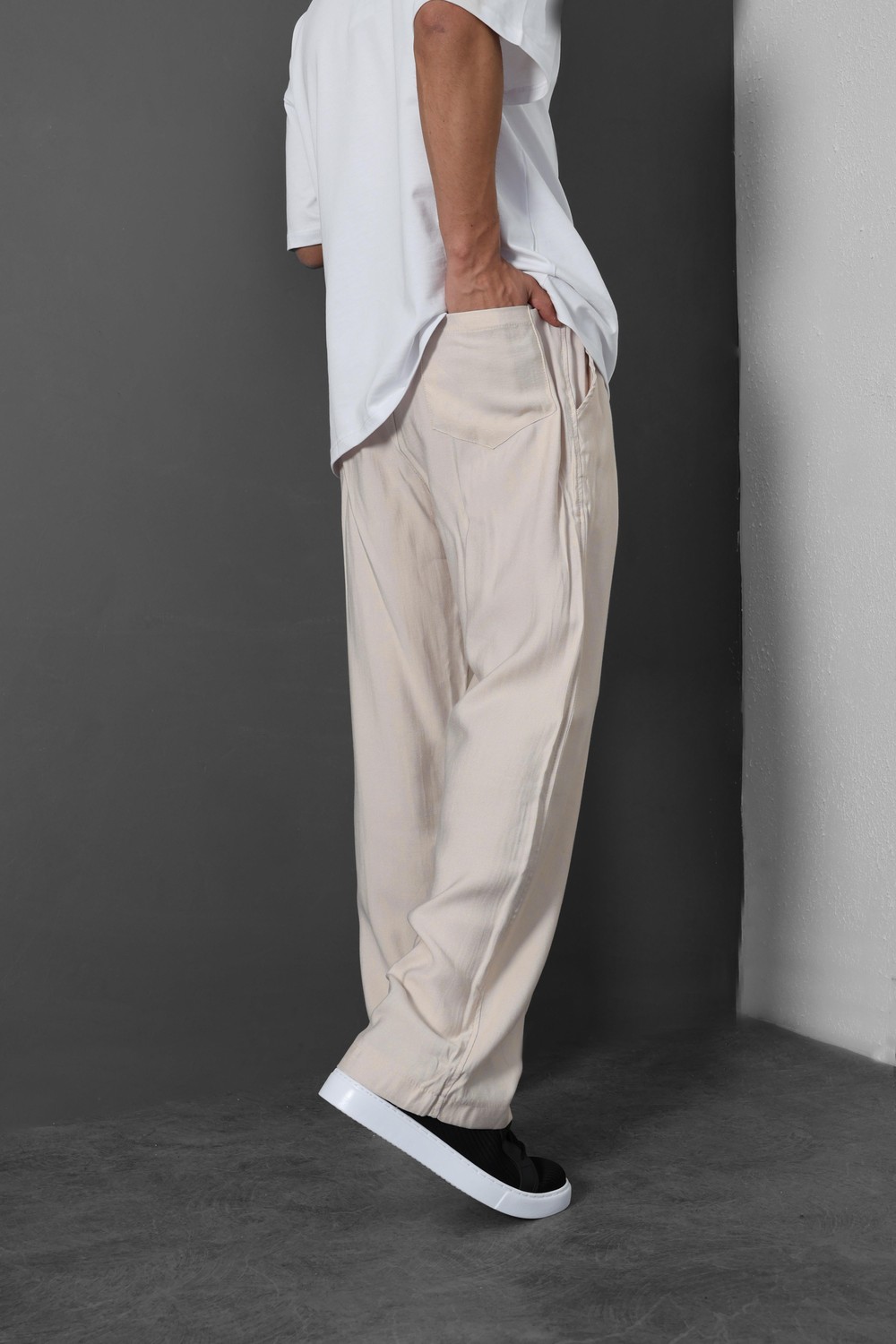 Erkek Bej İnce Kumaş Keten Baggy Pantolon