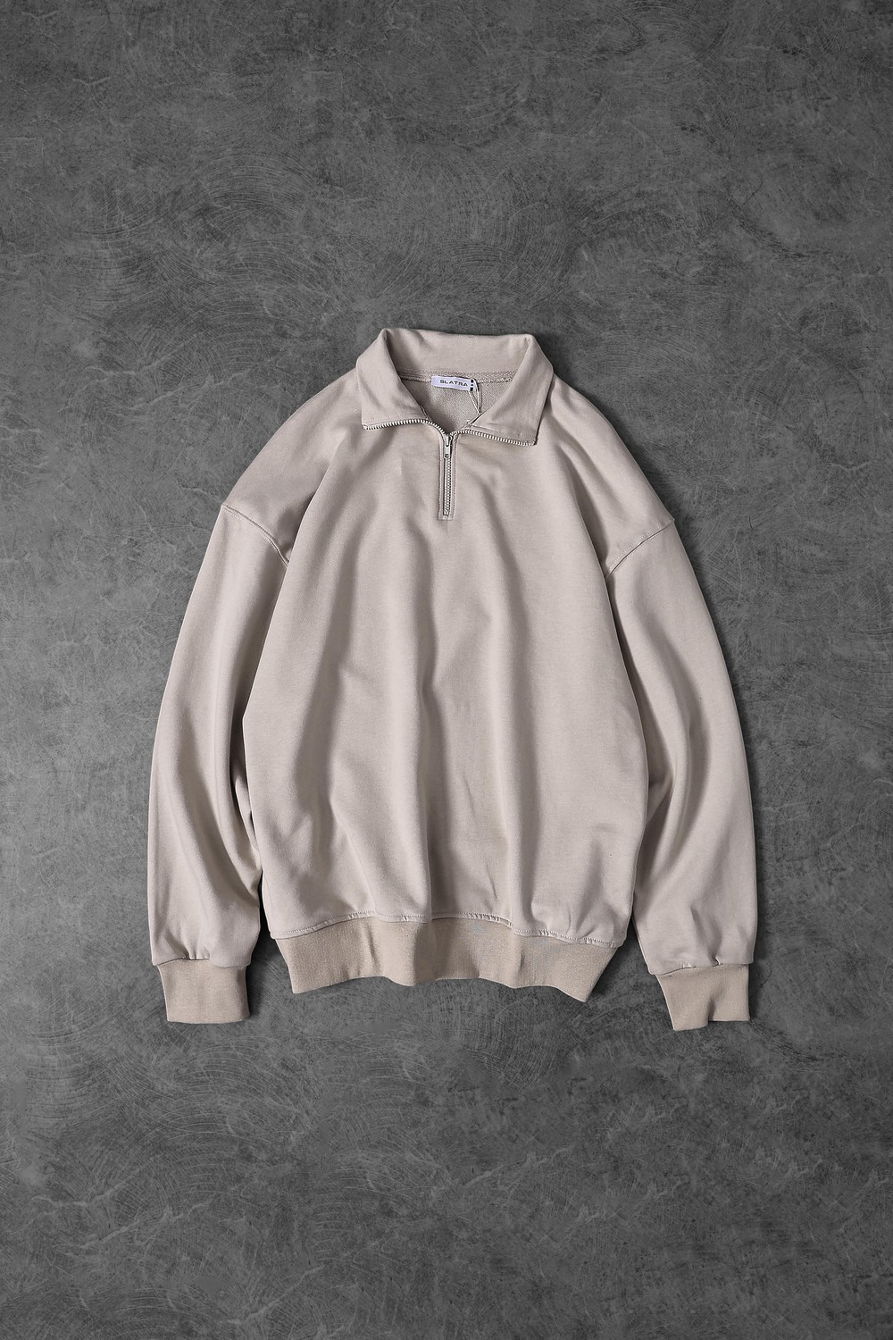 Erkek Bej Yarım Fermuar Diagonel Kumaş Oversize Sweatshirt