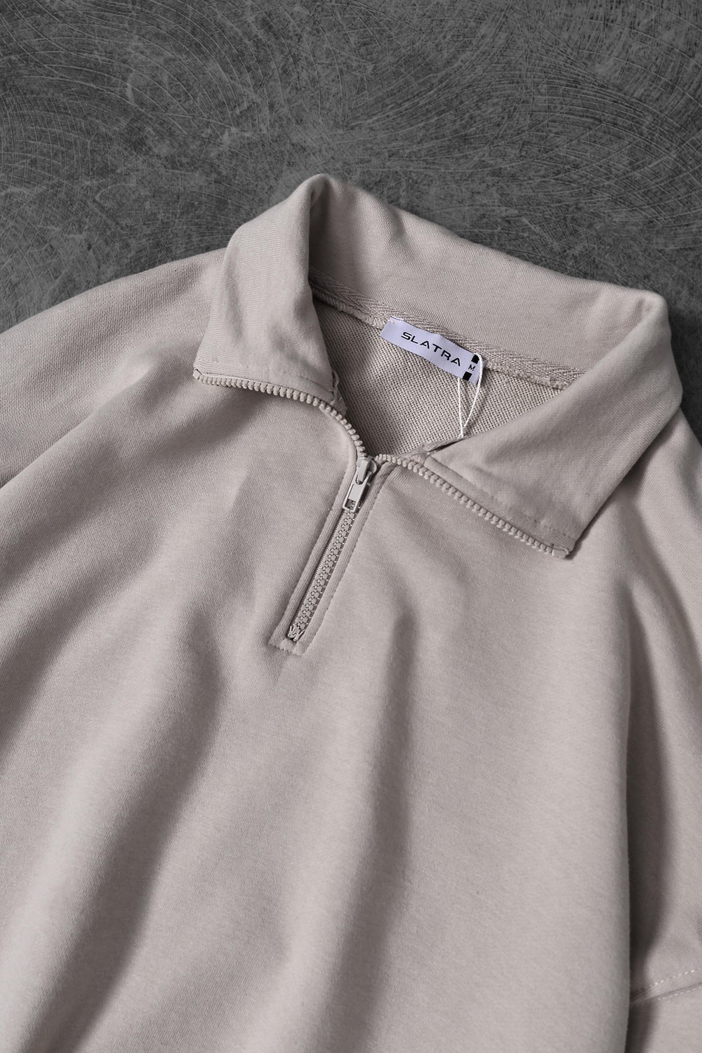 Erkek Bej Yarım Fermuar Diagonel Kumaş Oversize Sweatshirt