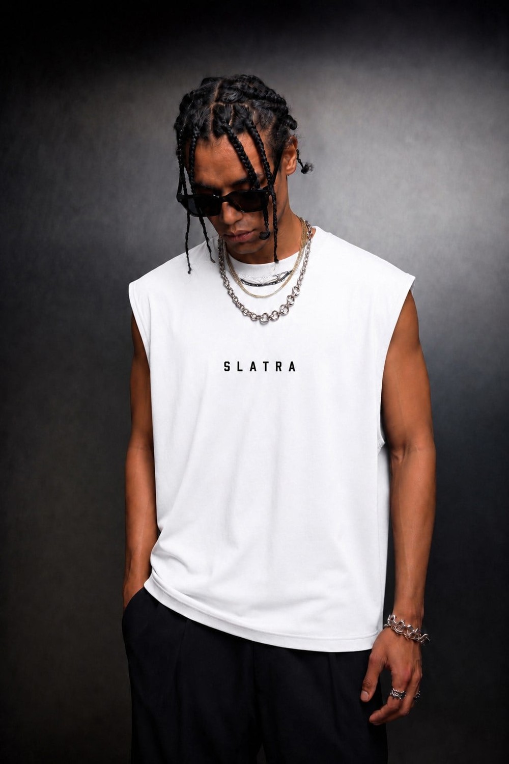 Erkek Beyaz Basic Sıfır Kol Oversize Atlet