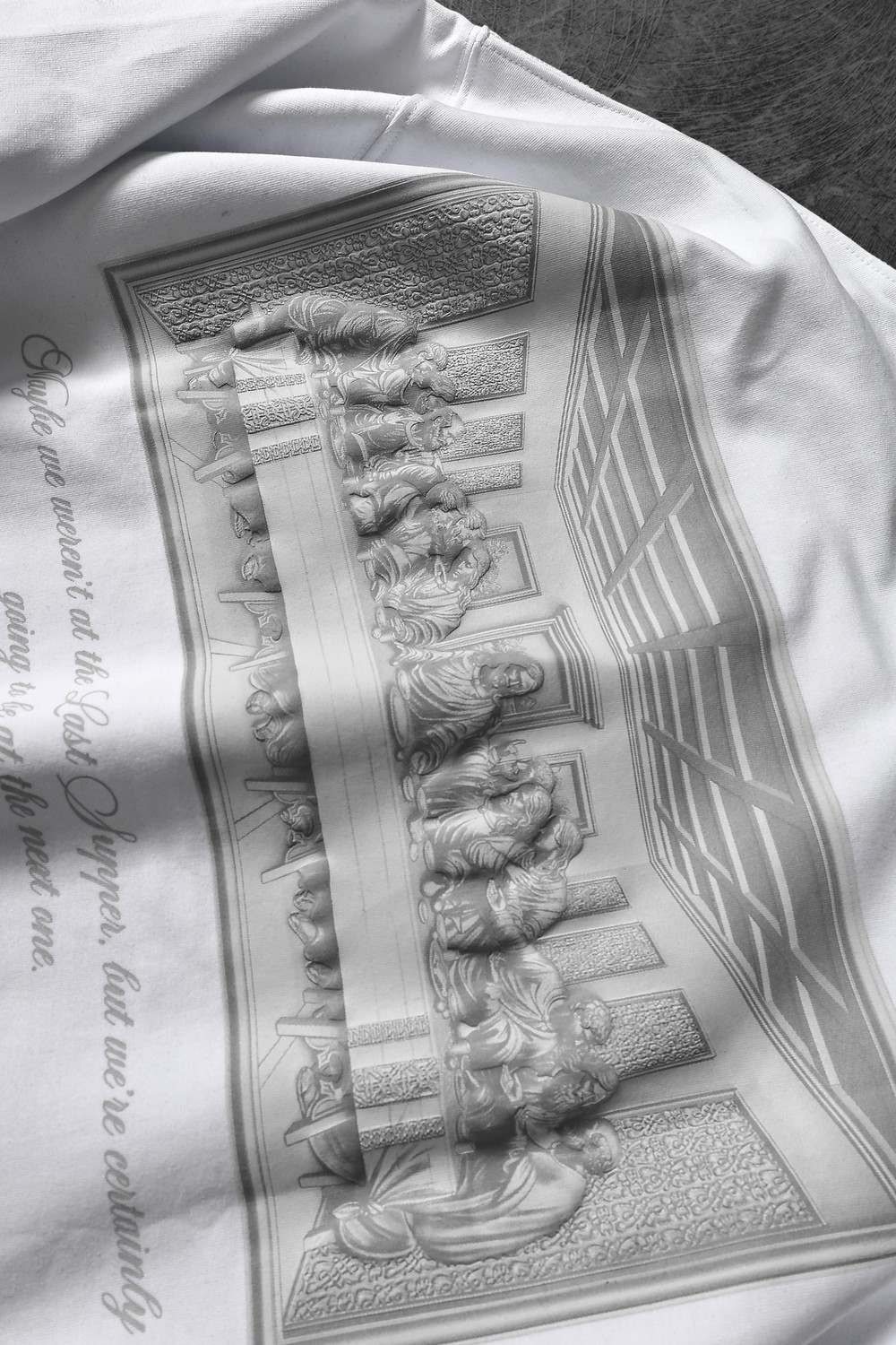 Erkek Beyaz Da Vinci Kabartma Baskılı Oversize Tshirt
