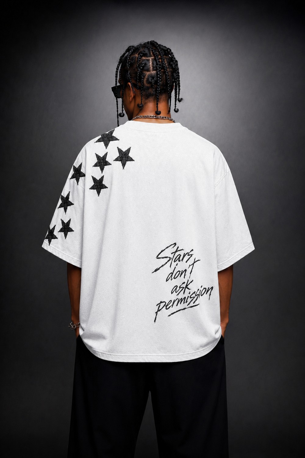 Erkek Beyaz Permission Aplike Nakışlı Oversize Tshirt