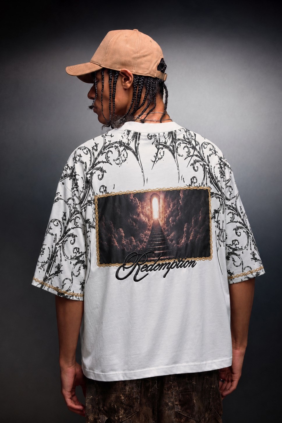 Erkek Beyaz Redemption Patchli Baskılı Oversize Tshirt